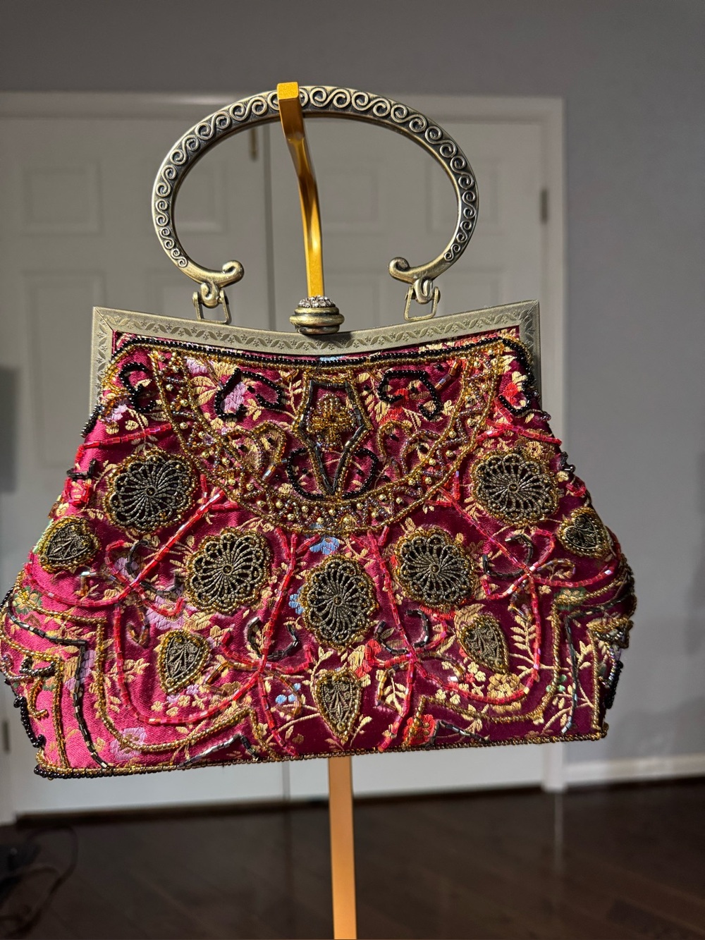 Vtg Zardozi Maroon Embroidered Beaded Evening Bag Brass Handle